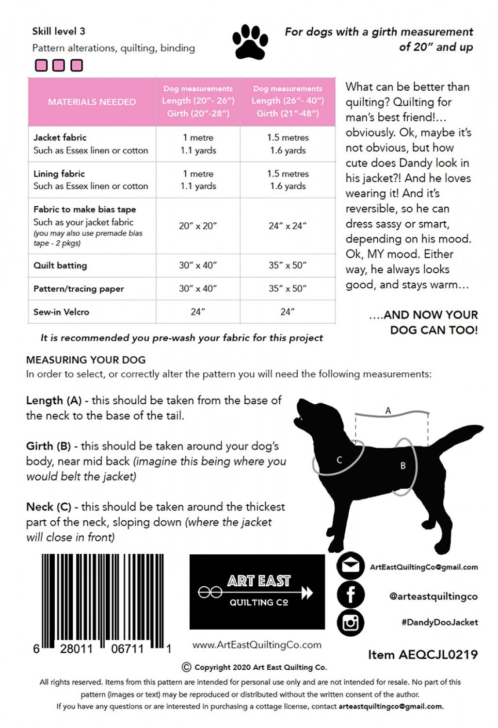 Art East Dandy Doo Jacket Pattern for Md/Lg Dogs
