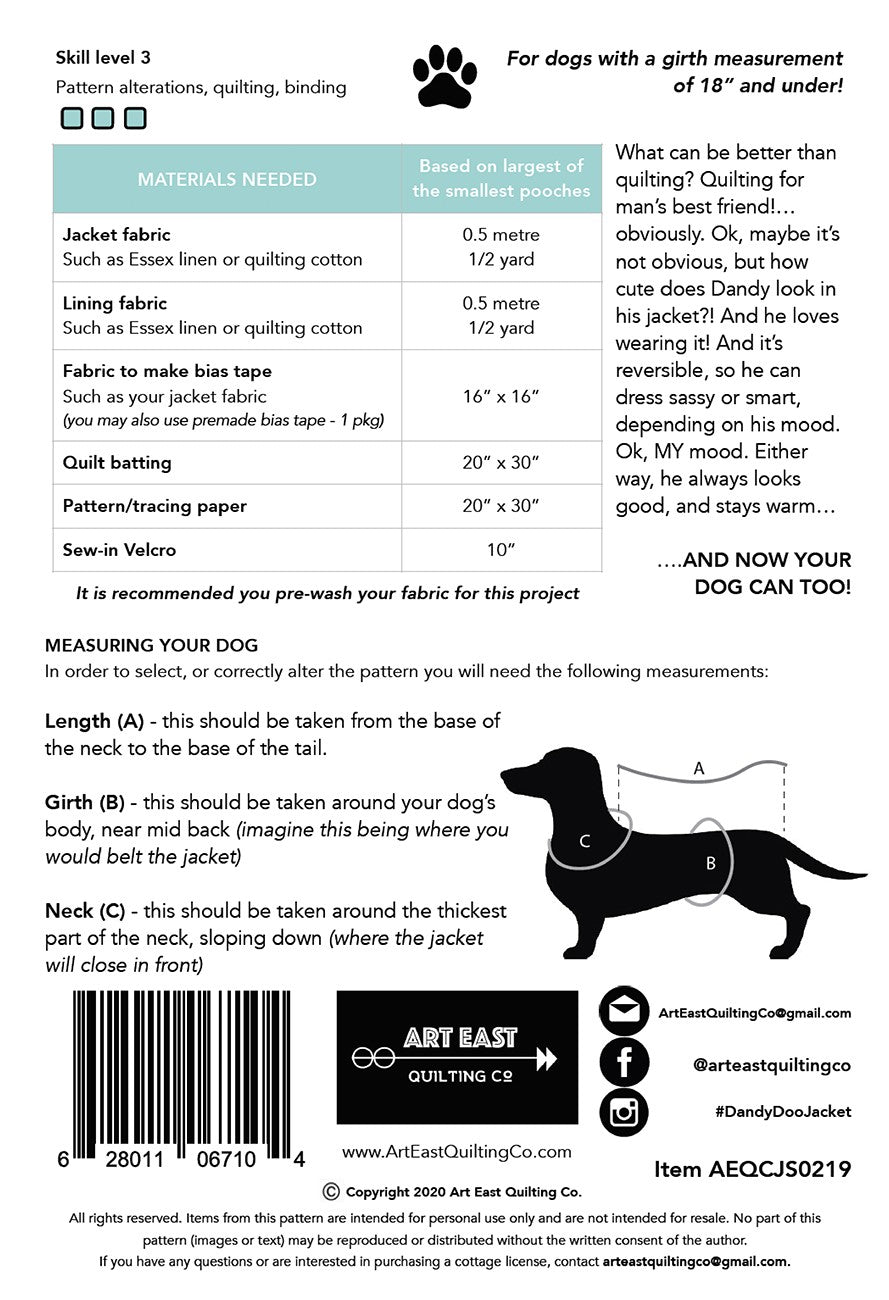 Art East Dandy Doo Jacket Pattern for Small Dogs