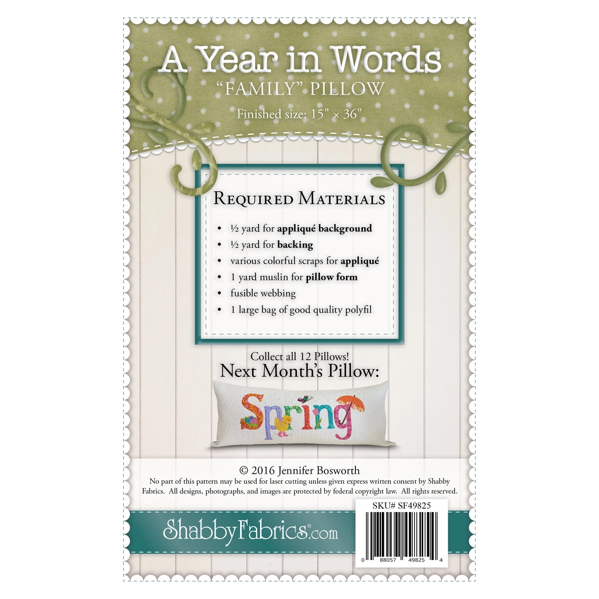 Shabby Fabrics A Year in Words Pillows 3 - Family - March - Pillow Pattern