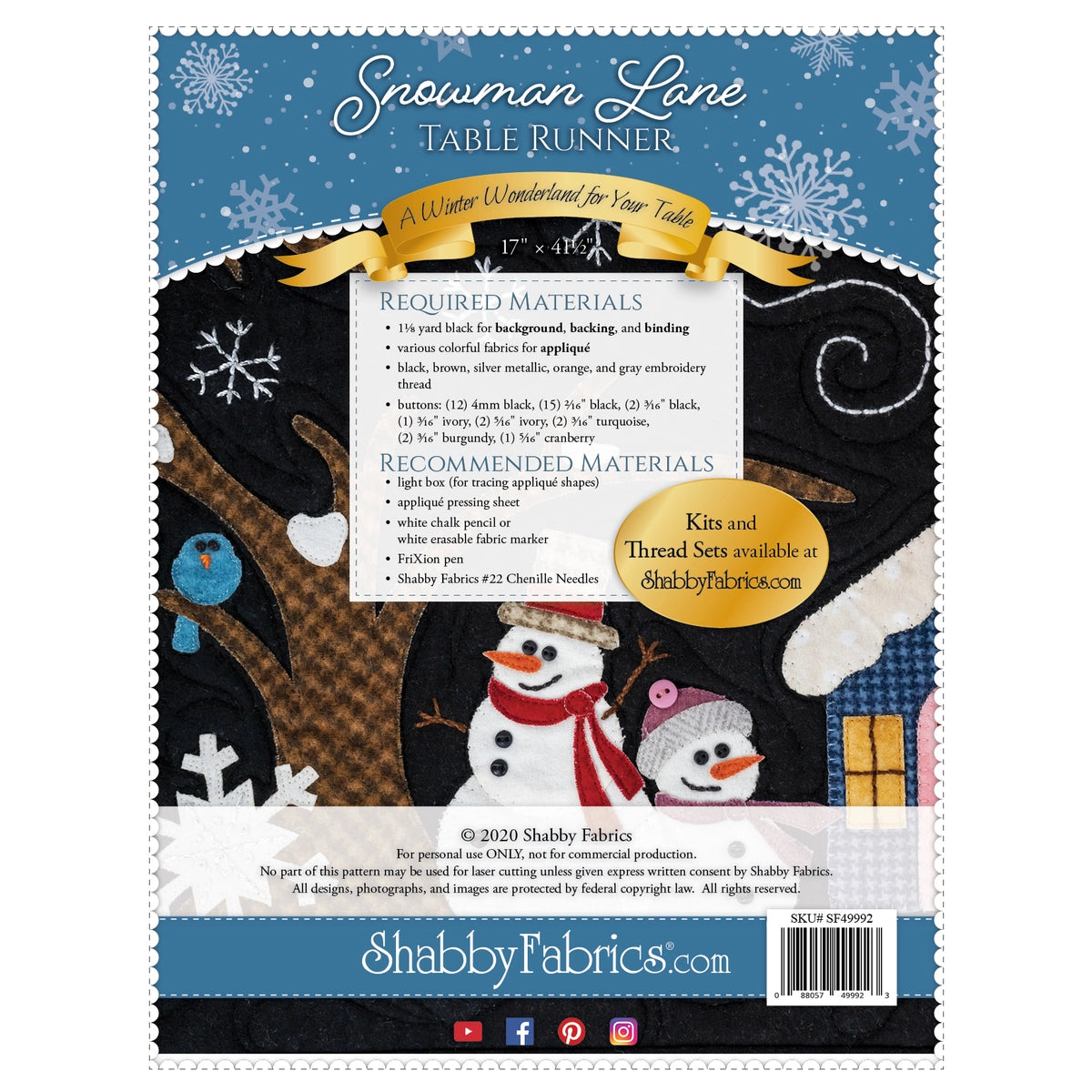 Shabby Fabrics Snowman Lane Table Runner Pattern