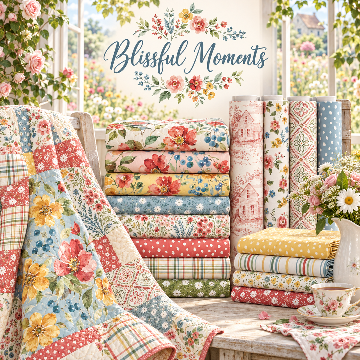 Blissful Moments fabric by Lisa Audit displayed in a sunlit cottage garden with floral yardage, quilt, toile, medallions, plaid, dots and daisies.