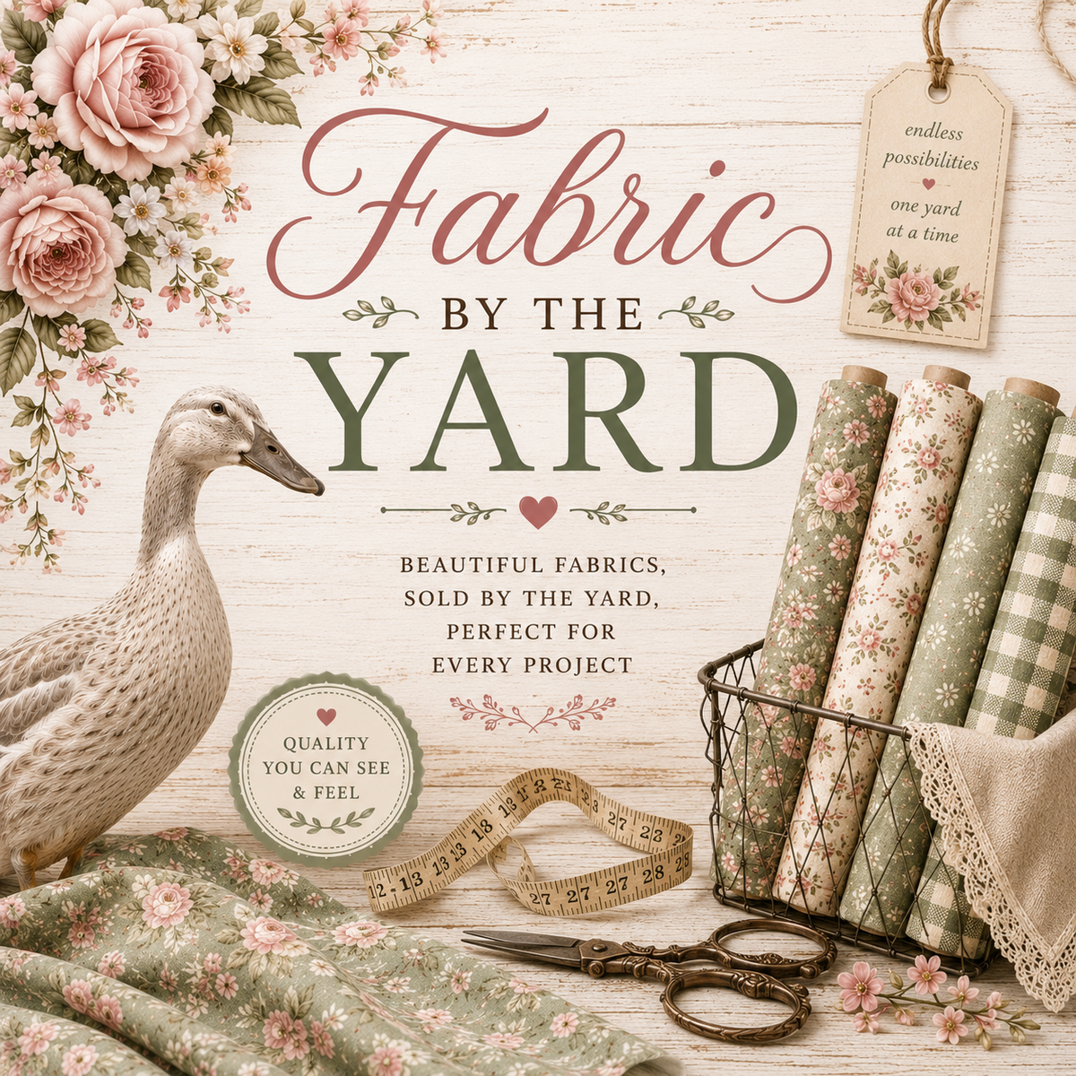 Vintage illustration of quilting fabric sold by the yard with floral cotton prints, measuring tape, and a silver runner duck.