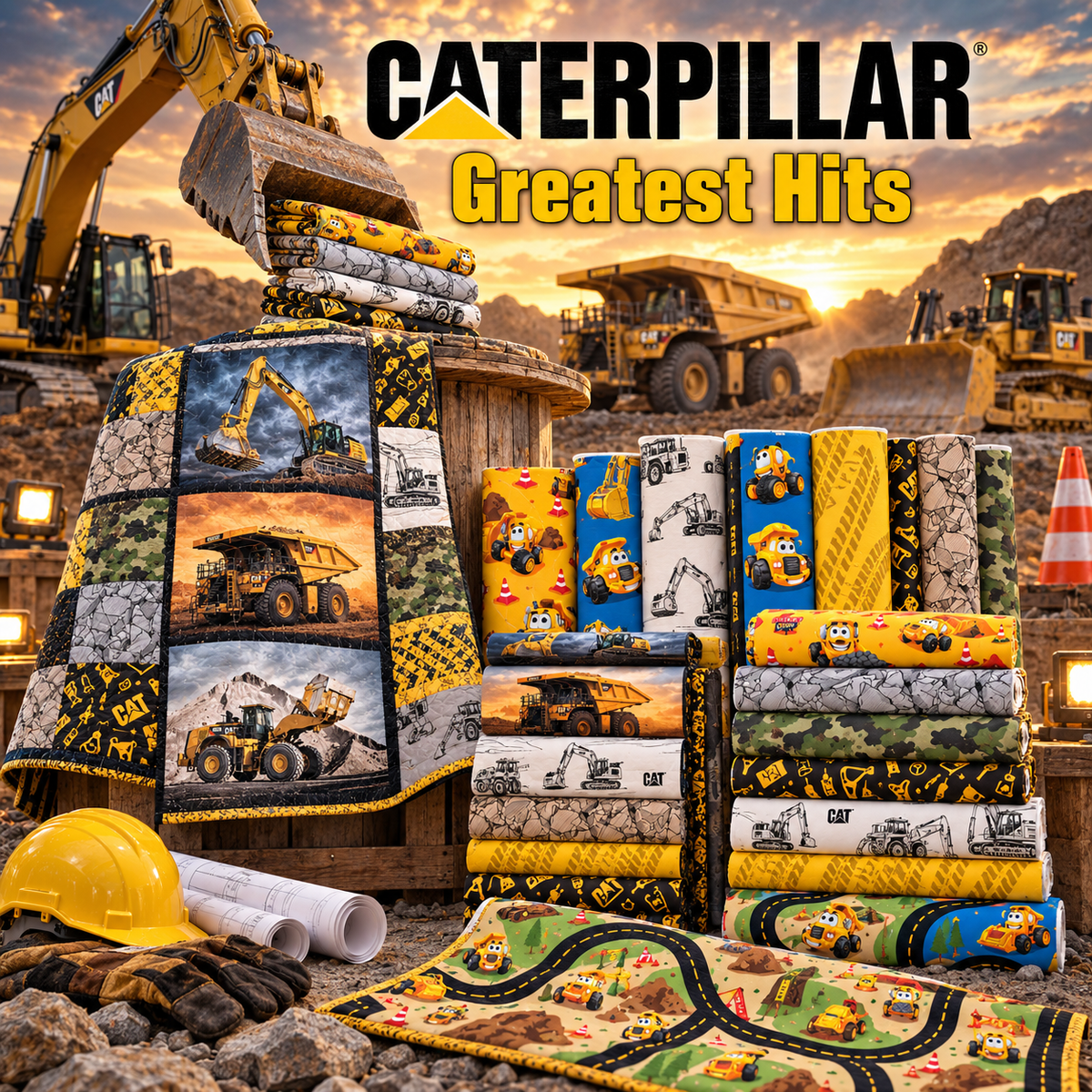 Caterpillar Greatest Hits fabric displayed at a construction site with equipment panels, truck prints, tire tracks, camouflage and a patchwork quilt.