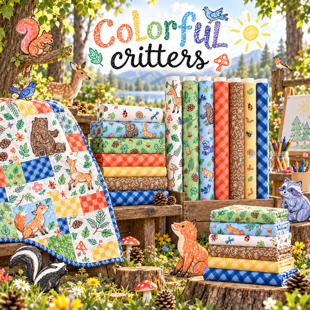 Colorful Critters fabric by Crayola displayed at a woodland art camp with animal prints, bright checks, bug tosses and a playful patchwork quilt.