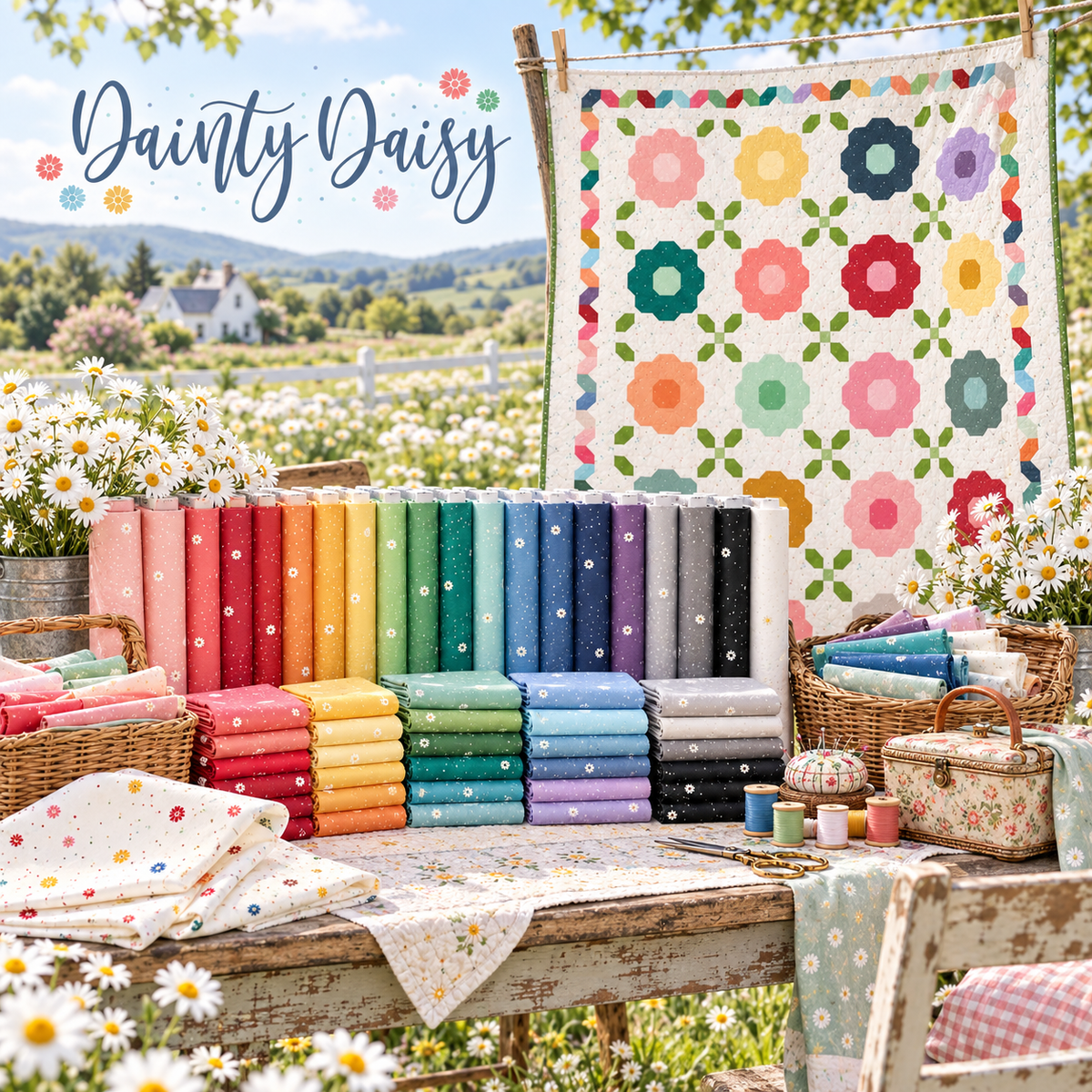 Dainty Daisy fabric displayed in a sunny flower meadow with rainbow yardage, seasonal daisies on Cloud and a colorful flower-block quilt on a clothesline.