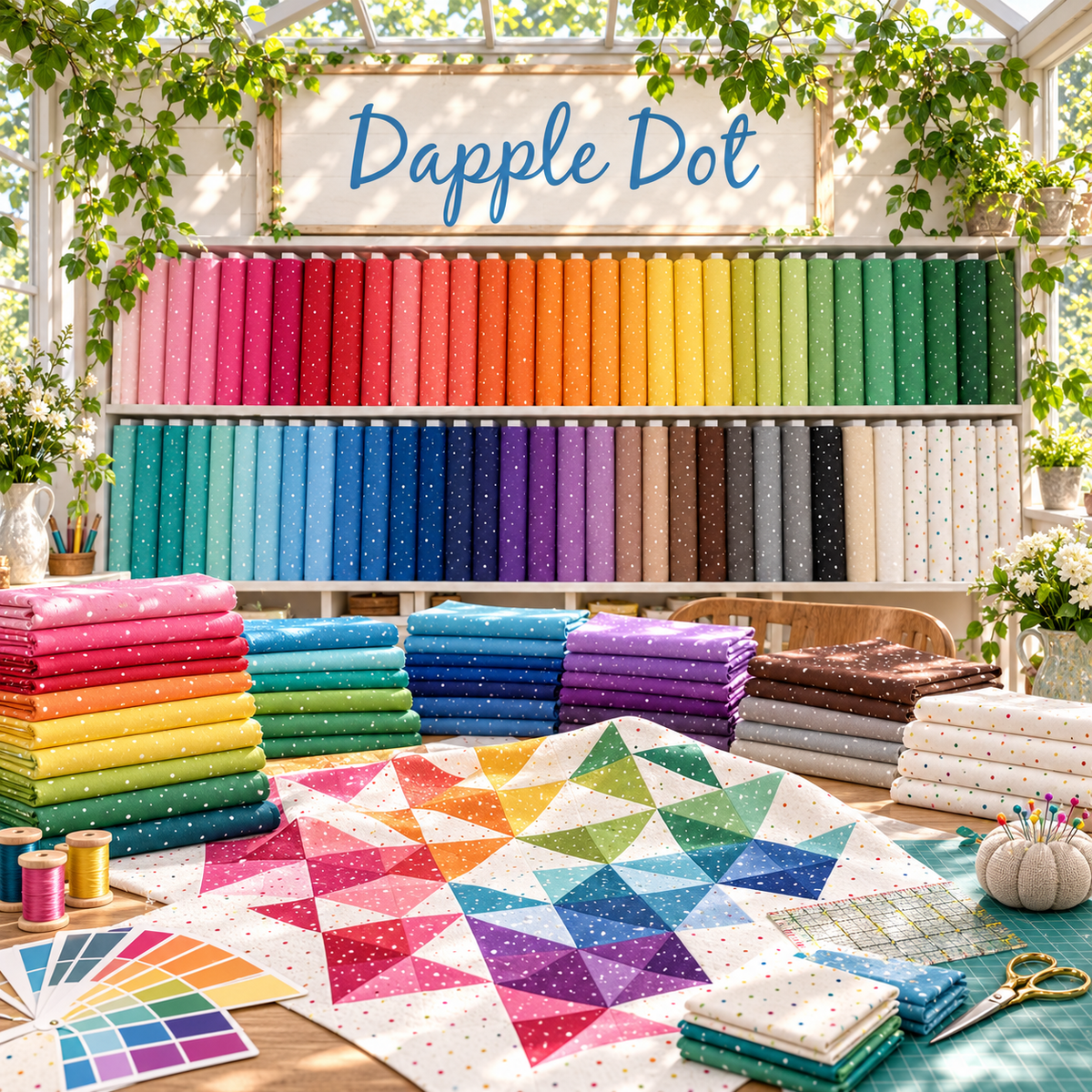 Dapple Dot fabric displayed by color in a sunlit sewing studio with rainbow bolts, folded yardage and a geometric patchwork quilt on the cutting table.