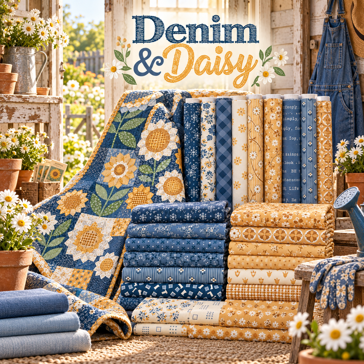 Denim & Daisy fabric by Lori Holt displayed in a sunny farmhouse potting shed with blue and yellow yardage, a daisy quilt, overalls and flowers.