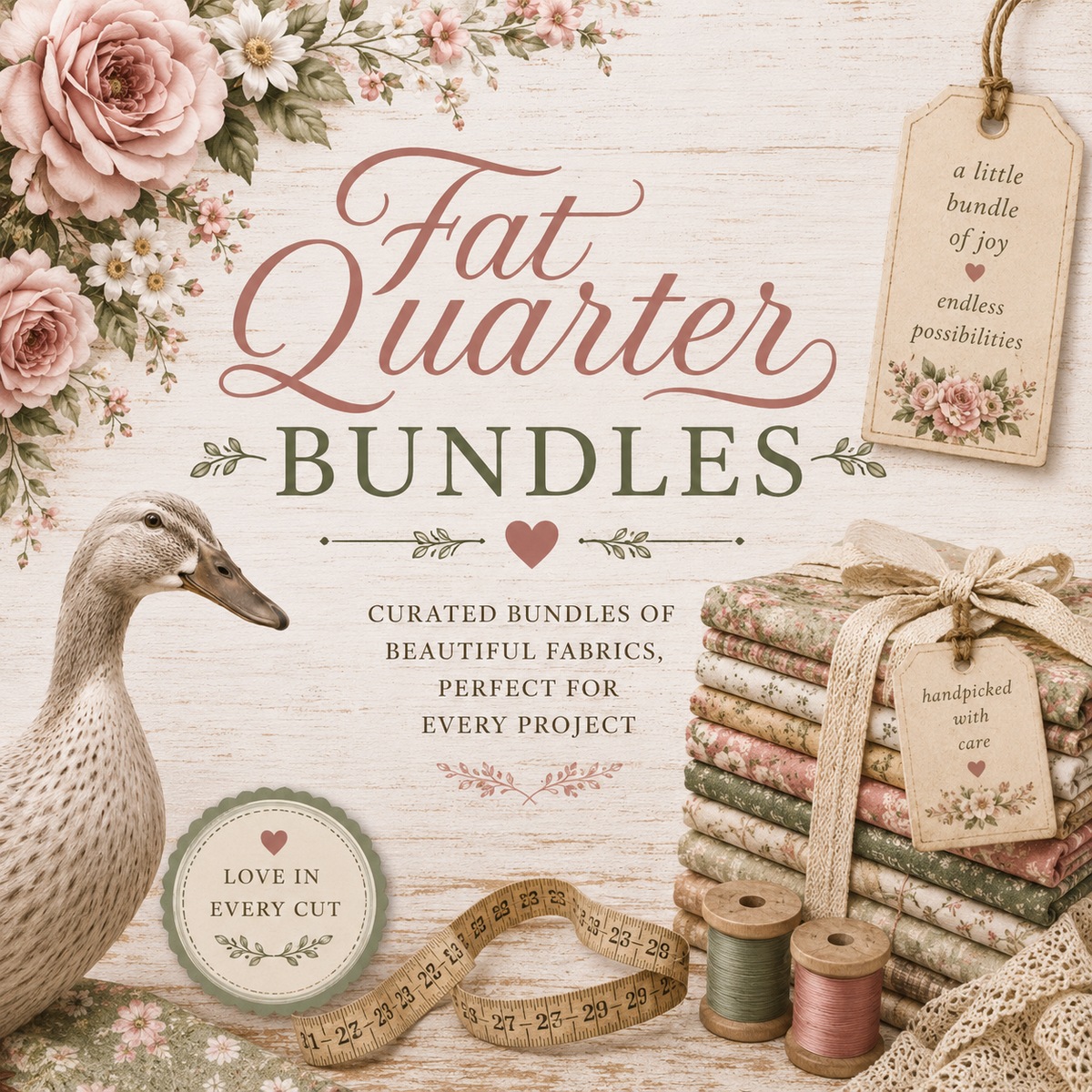 Vintage-style illustration of coordinated fat quarter fabric bundles with floral quilting cotton, a silver runner duck, sewing notions, and farmhouse décor from Keeper of the Scissors.