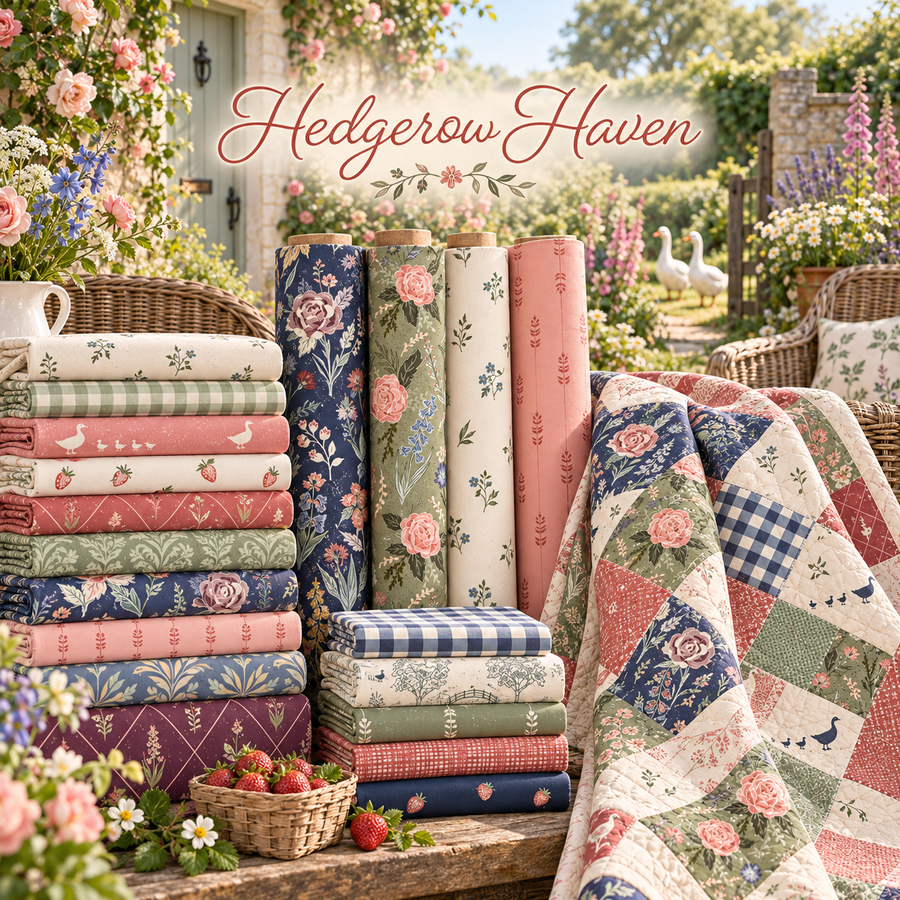 Hedgerow Haven fabric arranged in an English cottage garden with floral yardage, gingham, strawberries, geese, a patchwork quilt and fresh flowers.