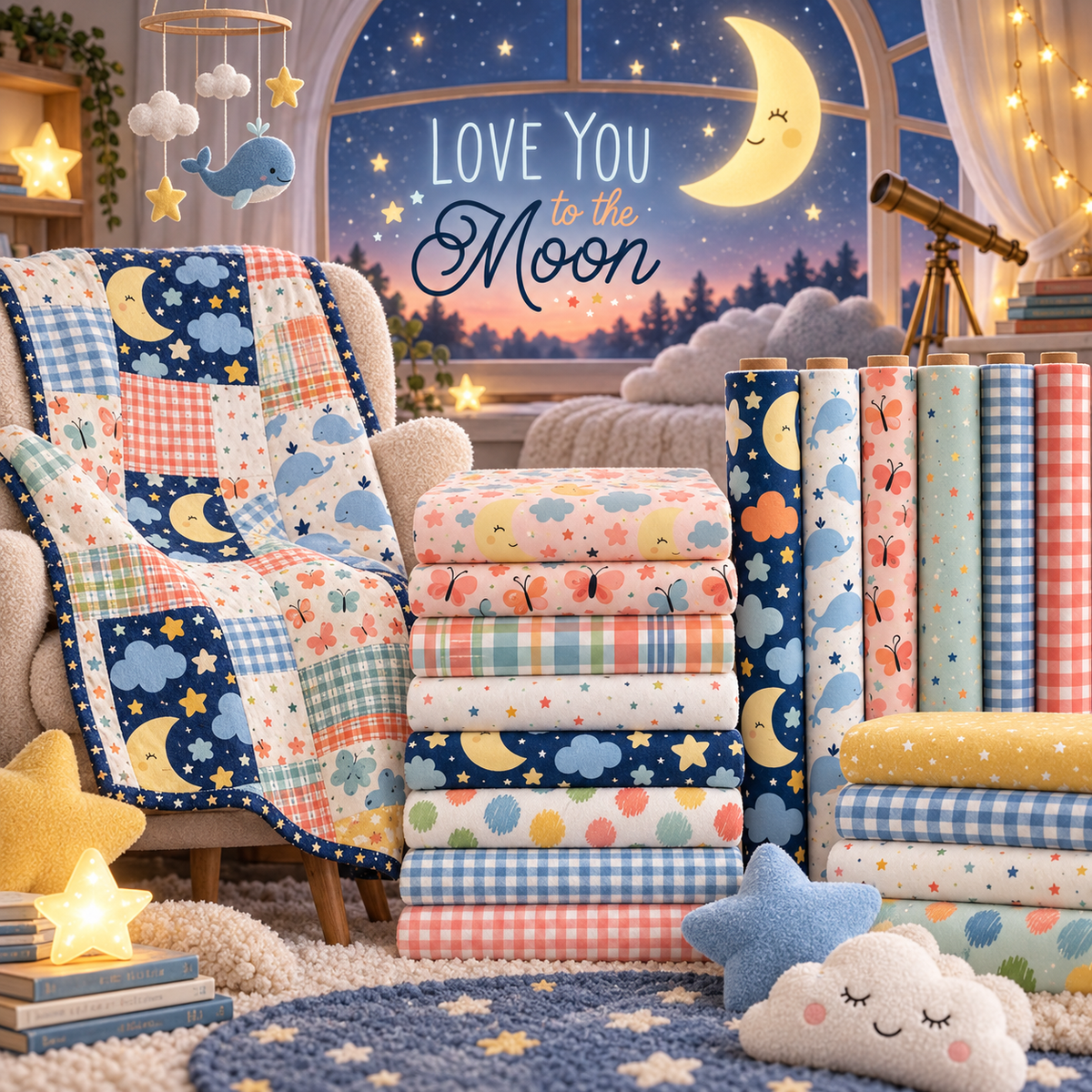 Love You to the Moon flannel displayed in a moonlit nursery with sleepy moon, whale, star, butterfly, gingham and plaid fabrics.
