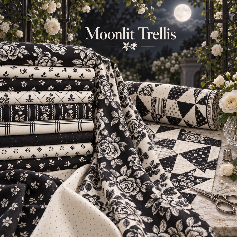 Moonlit Trellis black-and-white fabric with roses, florals, grids and kaleidoscope patchwork arranged beneath a moonlit garden trellis.