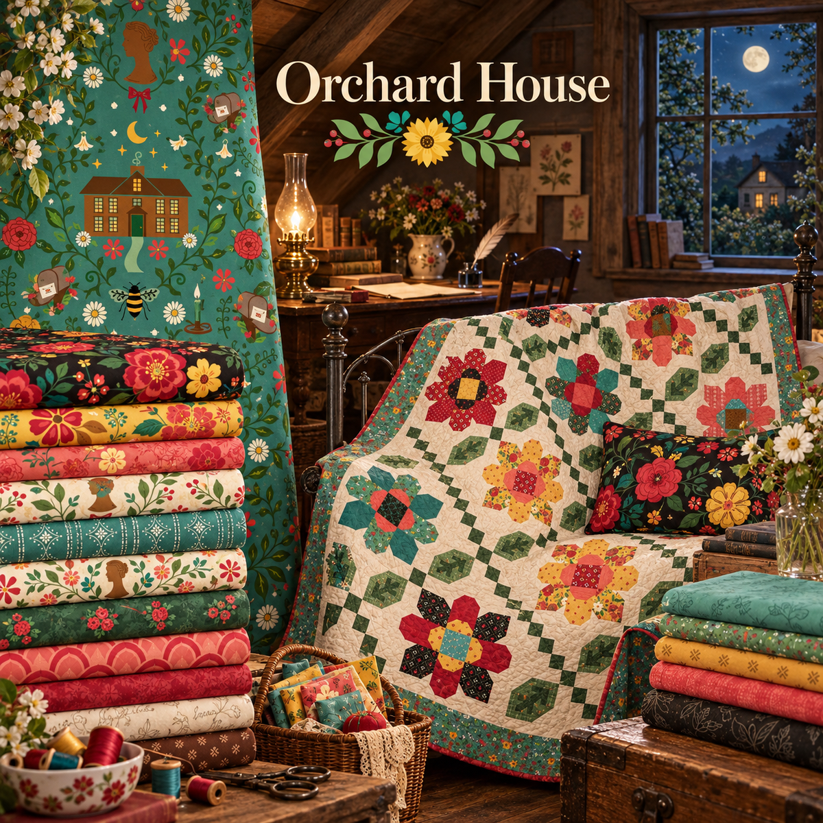 Orchard House fabric by Heather Peterson displayed in a lamplit attic writing room with vintage florals, homestead prints and a patchwork quilt.