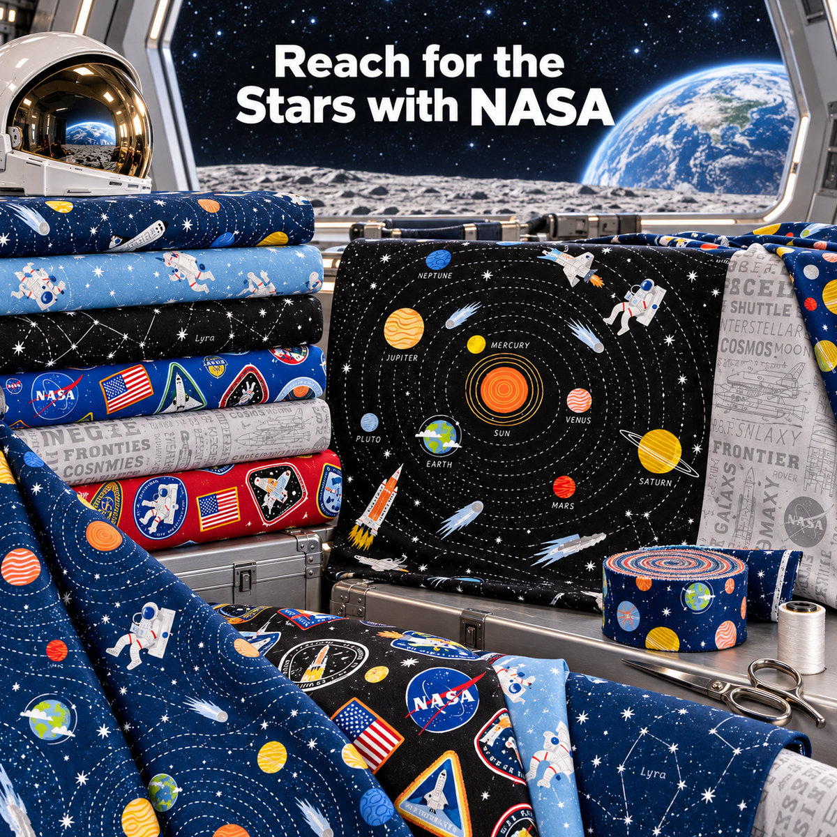 Reach for the Stars with NASA fabric featuring astronauts, planets and a Solar System panel displayed inside a lunar station overlooking Earth.
