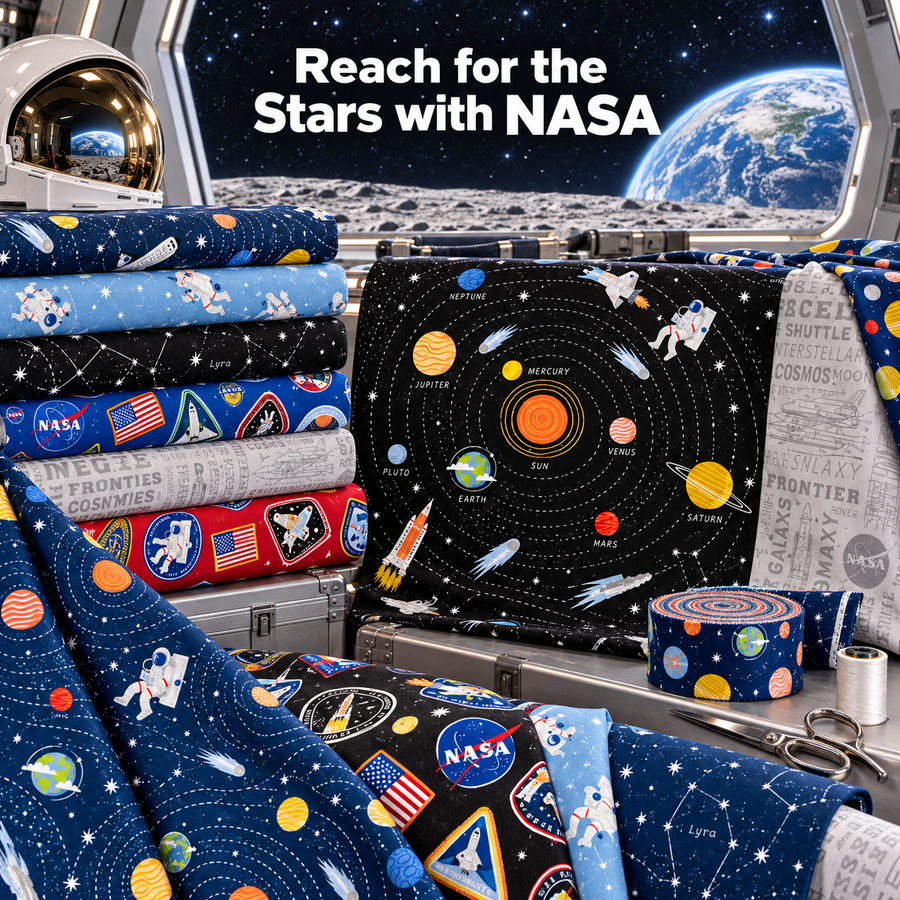 Reach for the Stars with NASA fabric featuring astronauts, planets and a Solar System panel displayed inside a lunar station overlooking Earth.