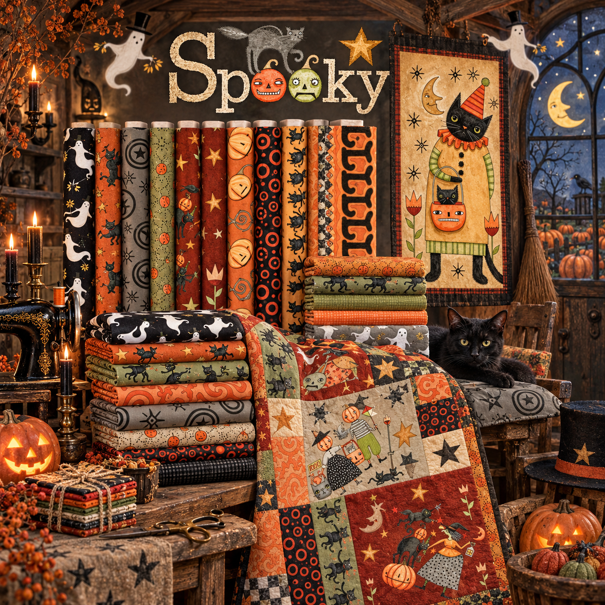 Spooky fabric by Teresa Kogut displayed in a crooked witch’s sewing parlor with folk-art ghosts, black cats, pumpkins, yardage and a patchwork quilt.