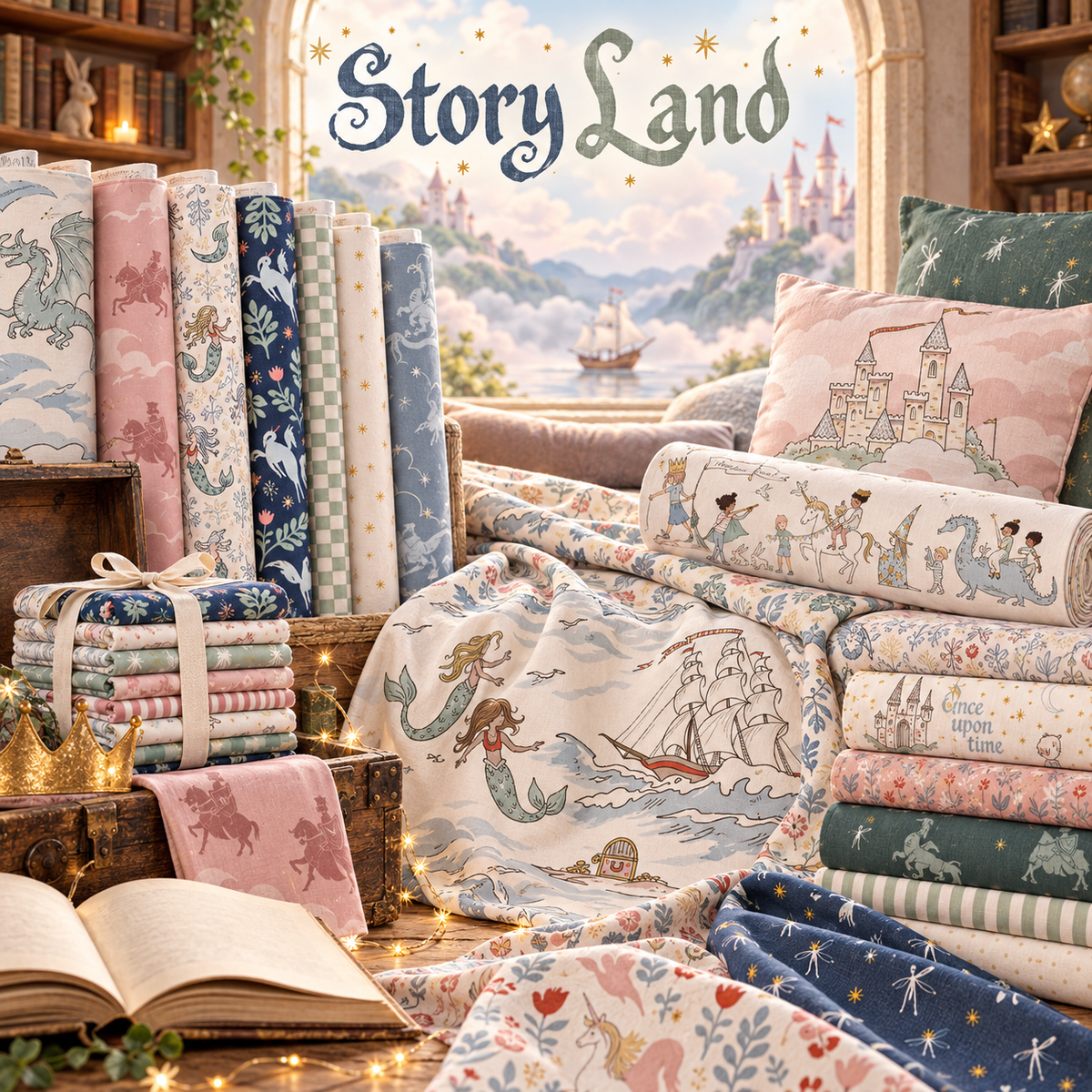 Story Land fabric in blue, pink, cream and sage with mermaids, dragons, castles and ships arranged in a magical storybook tower reading room.