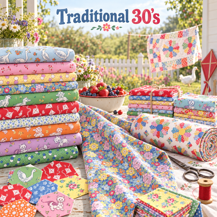 Traditional 30's fabric with geese, lambs, kittens, kites and colorful feedsack florals arranged on a sunny vintage farmhouse porch.