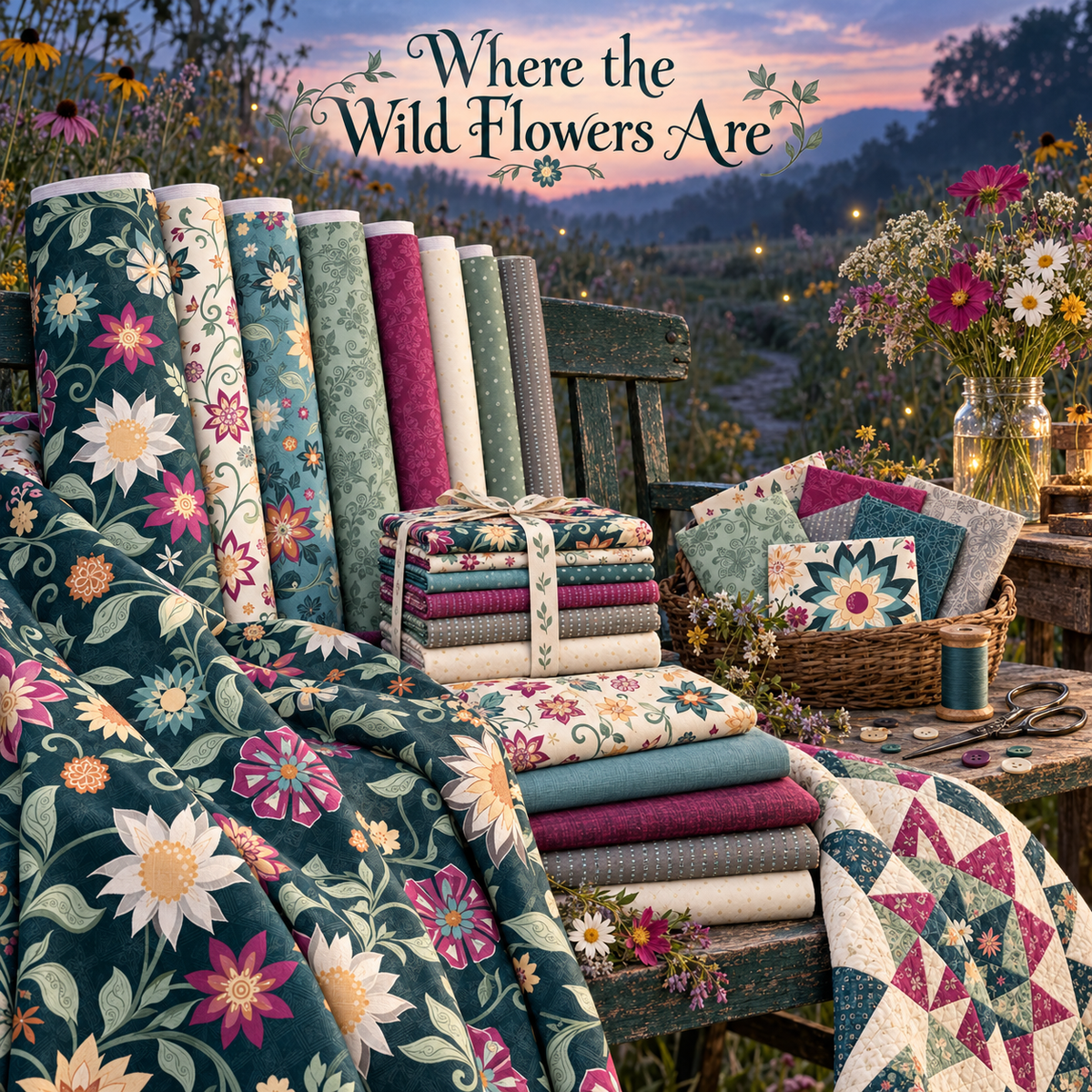 Where the Wild Flowers Are fabric in dark teal, cream, sage and fuchsia arranged beside a winding wildflower meadow trail at twilight.