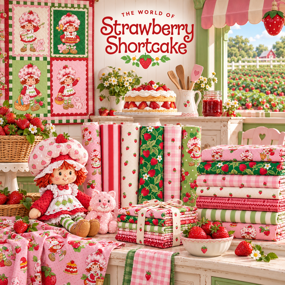 The World of Strawberry Shortcake fabric in pink, red, cream and green displayed in a strawberry farm bakery with a panel quilt and softie dolls.