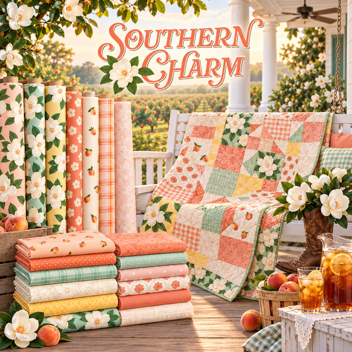 Southern Charm fabric displayed on a sunny front porch with magnolia prints, gingham, a patchwork quilt, fresh peaches, sweet tea and a flower-filled boot.