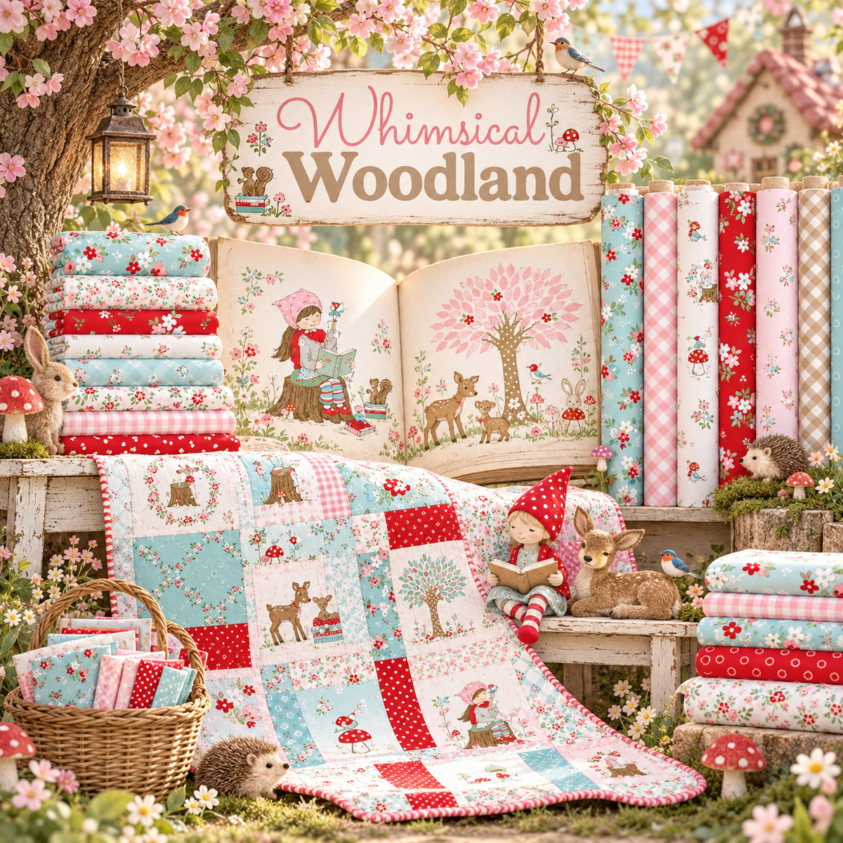 Whimsical Woodland fabric by Tasha Noel displayed in a storybook forest with gnomes, deer, mushrooms, pastel yardage and a patchwork quilt.