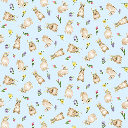 Hoppy Hunting Tossed Bunnies Pastel Blue Fabric - By the yard