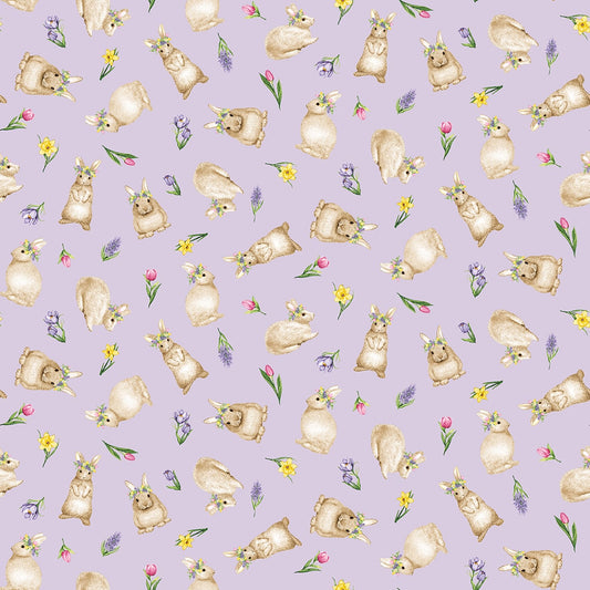 Hoppy Hunting Tossed Bunnies Lilac Fabric - By the yard