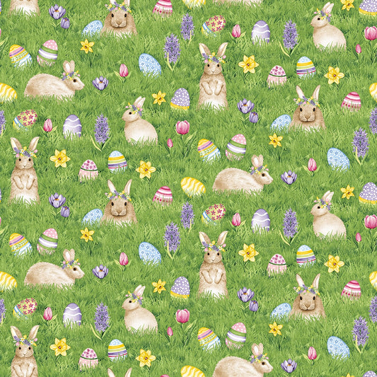 Hoppy Hunting Bunnies and Eggs on Grass Fabric - By the yard