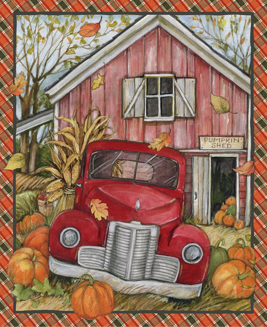 Red Truck Pumpkin Shed Fabric Panel 36x44