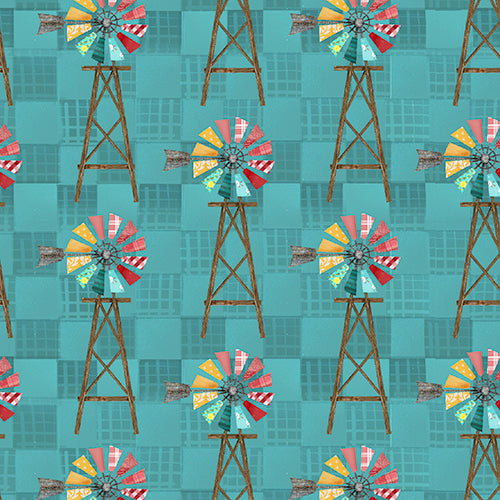 Shop Hop Fabric - Whirling Windmills Teal - By the yard