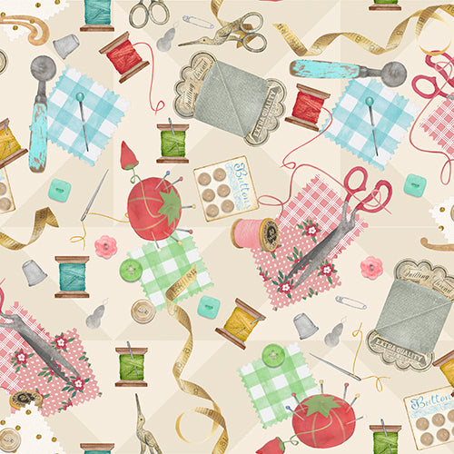 Shop Hop Fabric - Tossed Notions Cream - By the yard