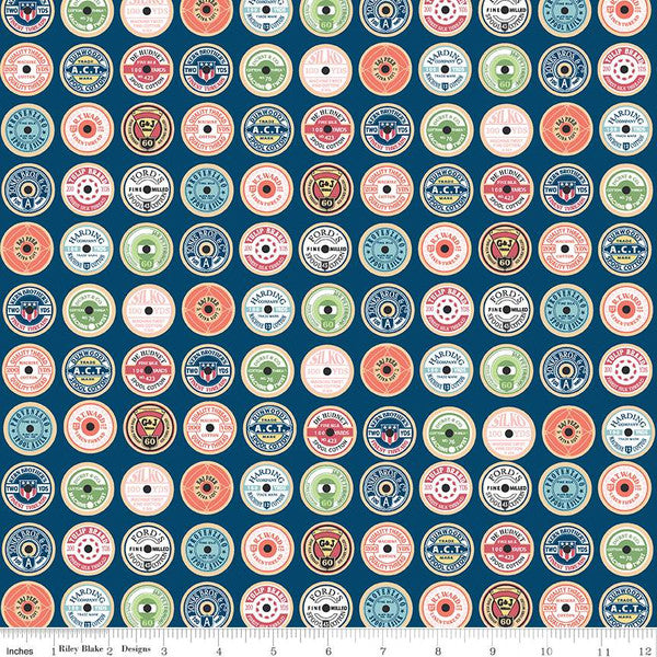 Sew Much Fun Spool Toppers Navy Fabric - By the yard