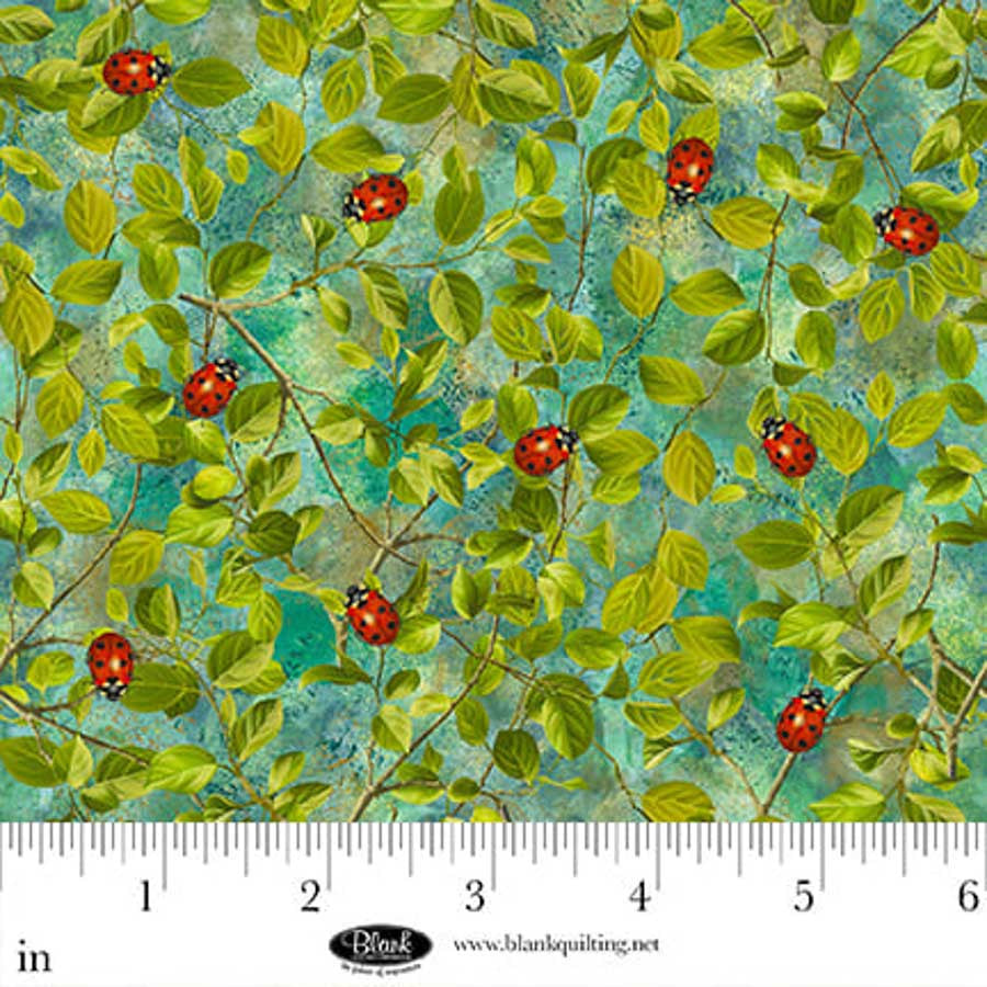 Enchanted Canopy Ladybugs and Leaves Teal Fabric by JK Stewart for Blank Quilting