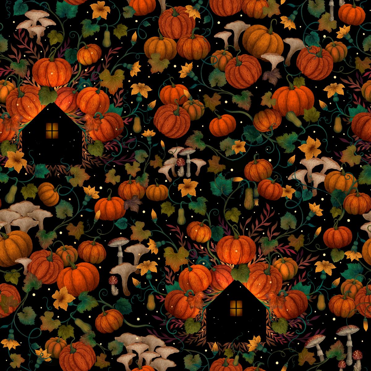 Harvest Haunt Pumpkin House Silhouettes Black Fabric