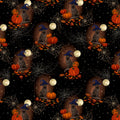 Harvest Haunt Black Cats with Witch Hats and Pumpkins Black Fabric