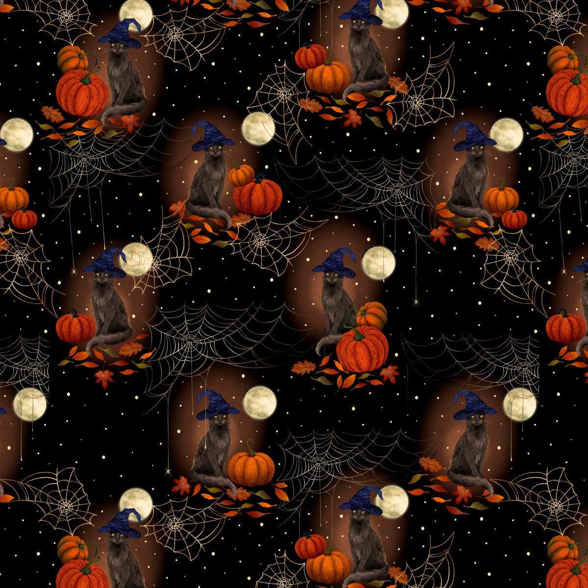 Harvest Haunt Black Cats with Witch Hats and Pumpkins Black Fabric