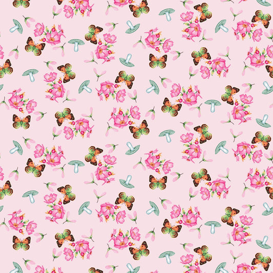 Minu and Wildberry Butterflies and Flowers Pink Fabric - By the yard