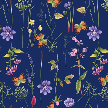 Minu and Wildberry Tossed Buds Navy Fabric - By the yard