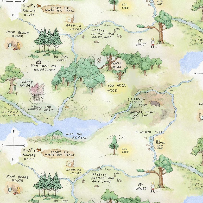 Classic Winnie the Pooh Map Light Green Fabric - By the yard