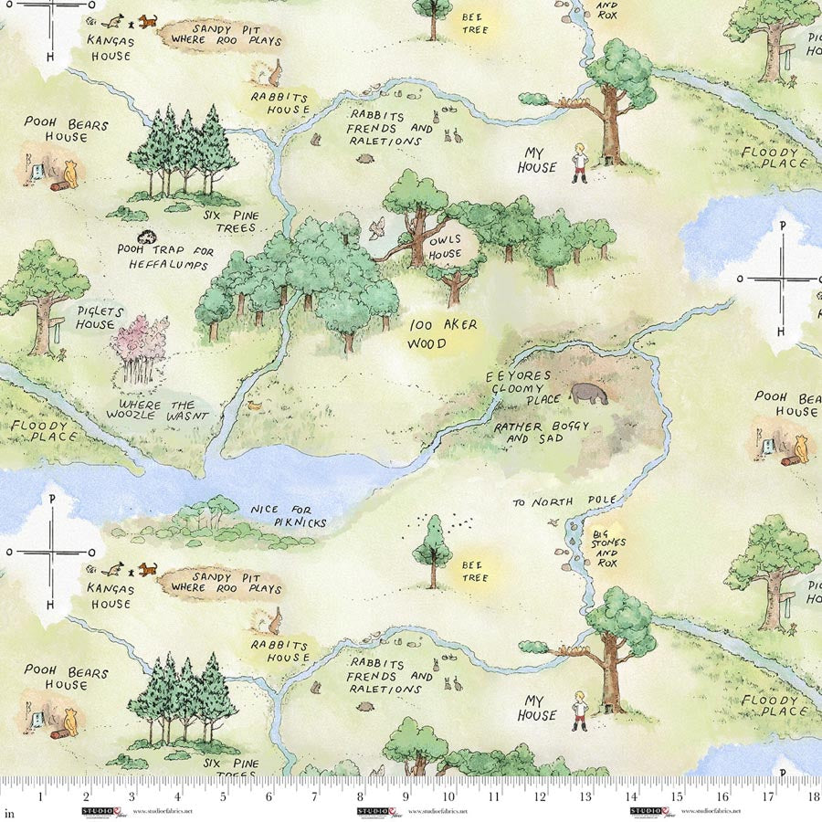 Classic Winnie the Pooh Map Light Green Fabric - By the yard