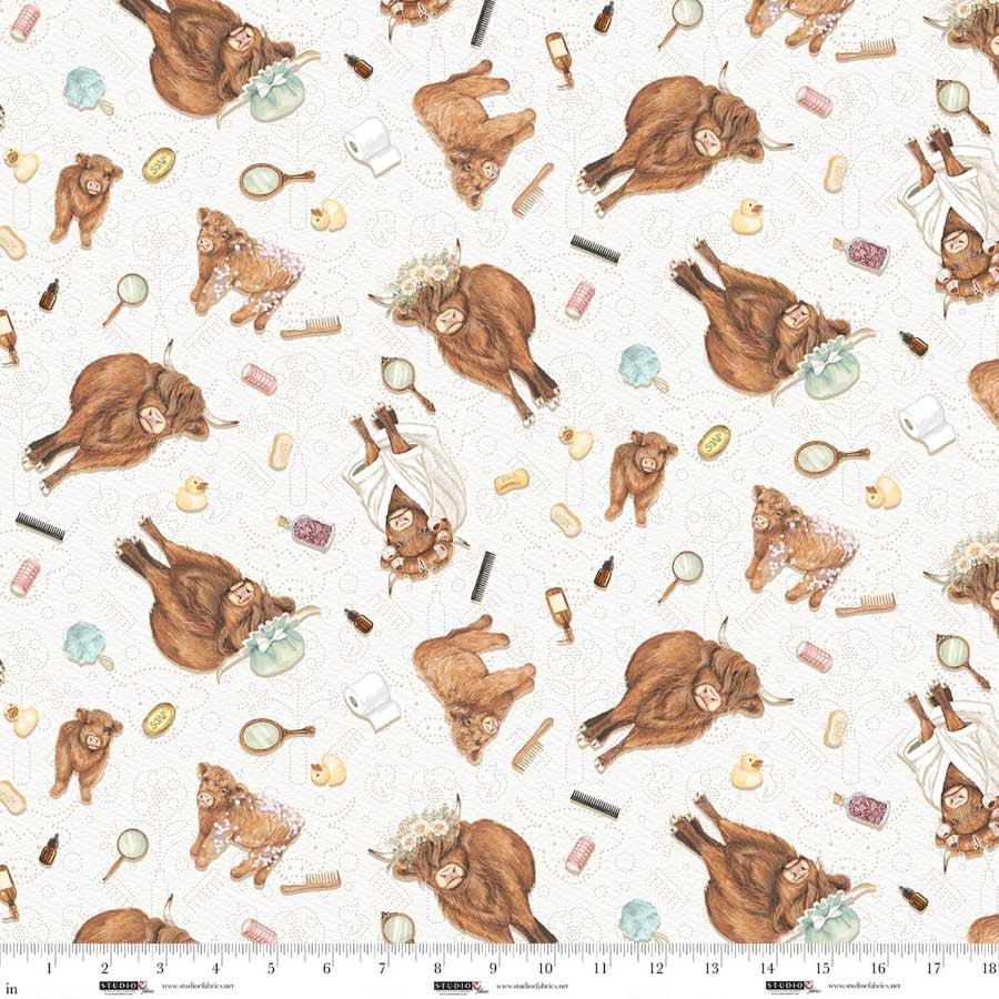 Bathing Bonnies Cow Toss White and Mint Fabric by Beth Reed for Studio E Fabrics