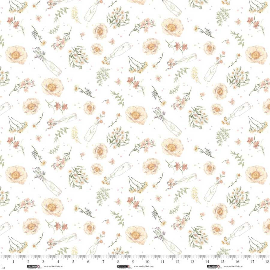 Bathing Bonnies Milk Bottle Florals White Fabric by Beth Reed for Studio E Fabrics