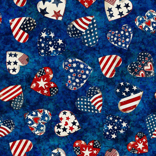 American Freedom Hearts Blue Fabric - By the yard