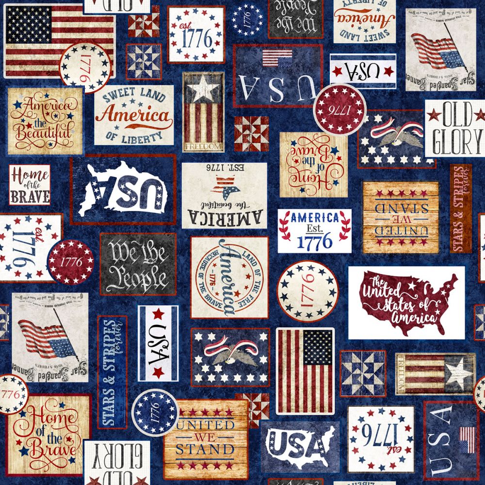 American Freedom Collage Blue Fabric - By the yard