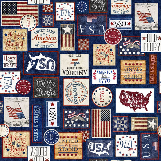 American Freedom Collage Blue Fabric - By the yard