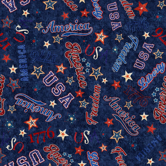 American Freedom Words Blue Fabric - By the yard