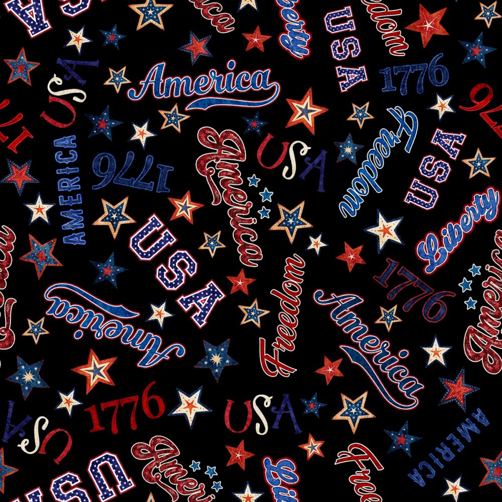 American Freedom Words Black Fabric - By the yard