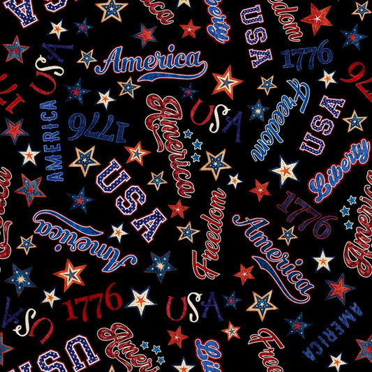 American Freedom Words Black Fabric - By the yard