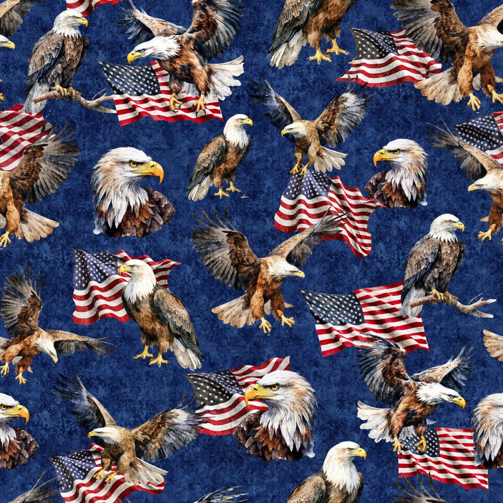 American Freedom  Flag & Eagle Blue Fabric - By the yard