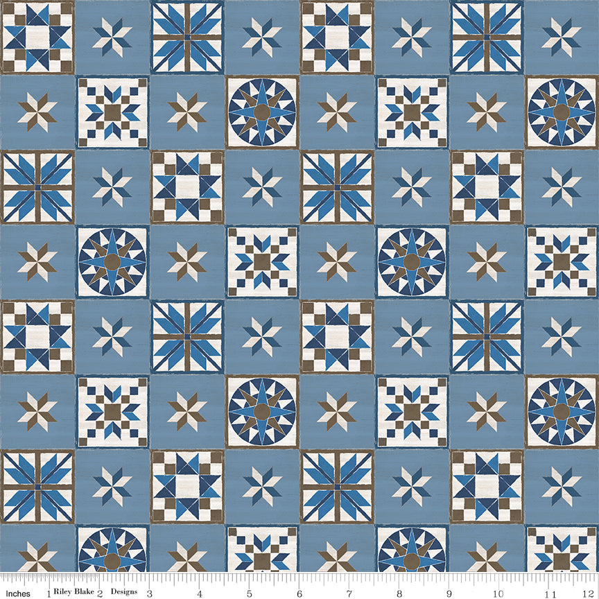 Winter Barn Quilts Blocks Blue Fabric - By the yard